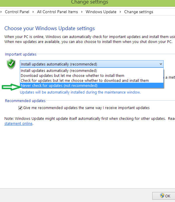 Block automatic updates windows 8